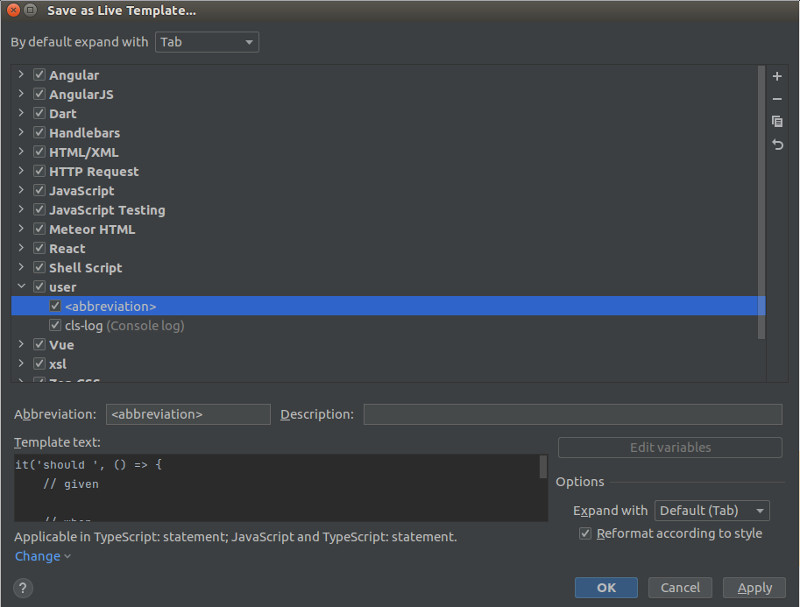 Webstorm: Edytor live template