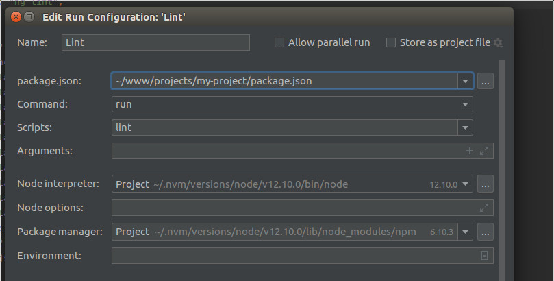 Webstorm: Popup konfiguracji skryptu