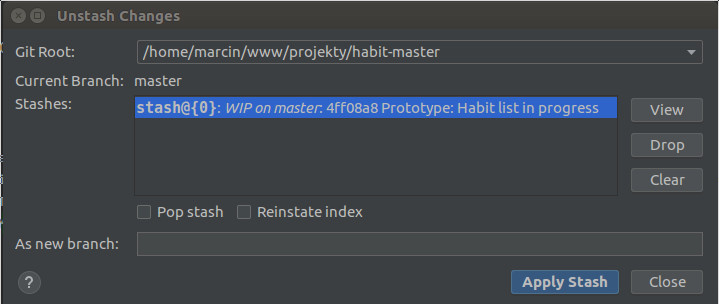 Podgląd schowka Git w Webstorm lista